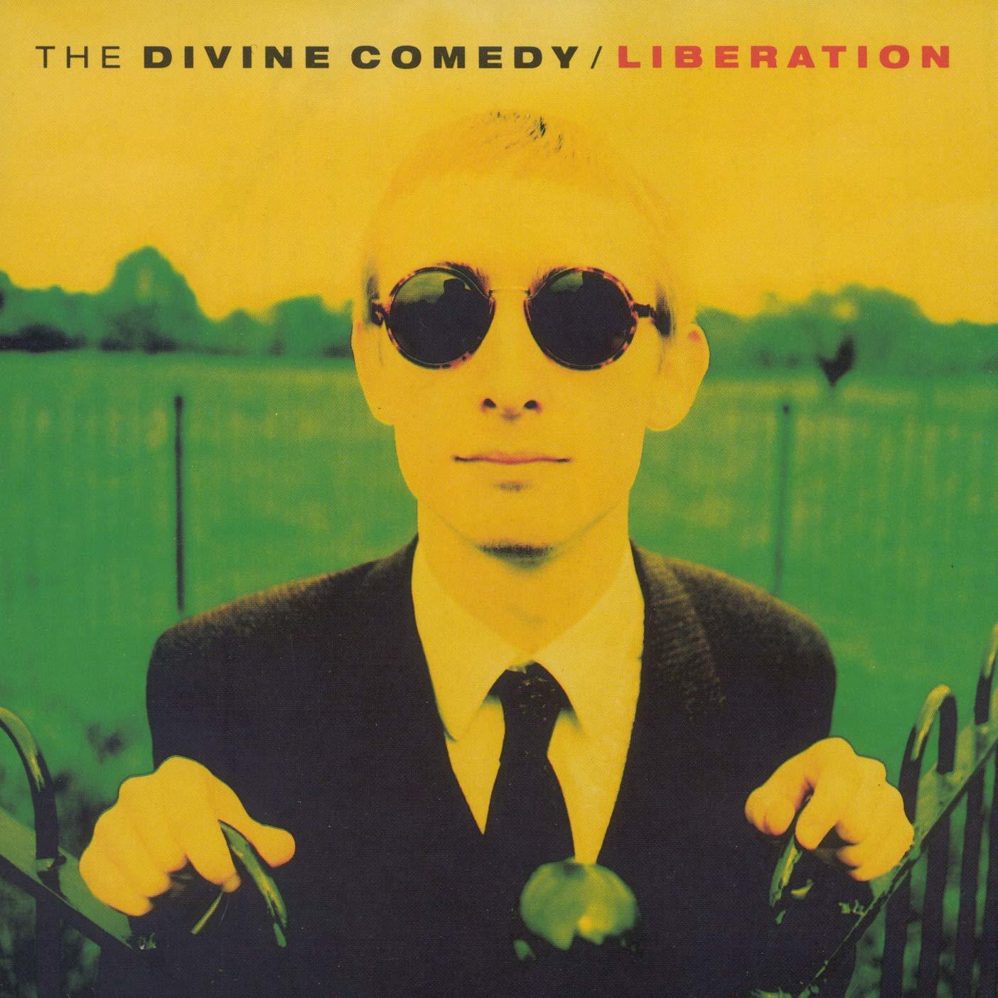 Férfi napszemüveggel, öltönnyel és nyakkendővel. Zöld mező a háttérben, sárga ég. Album borító: The Divine Comedy/Liberation.
