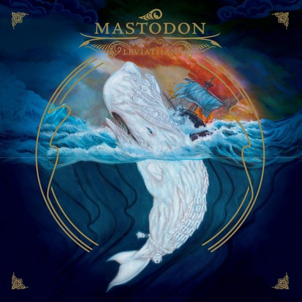 Mastodon 'Leviathan' album borítója egy bálnával és egy hajóval az óceánon.