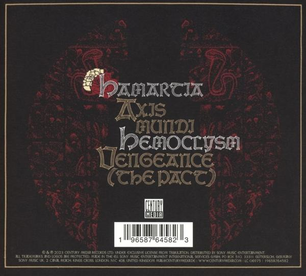 Album-Rückseite mit goldfarbenem Schriftzug und dunkelrotem Hintergrund. Text enthält Band- und Albumtitel.