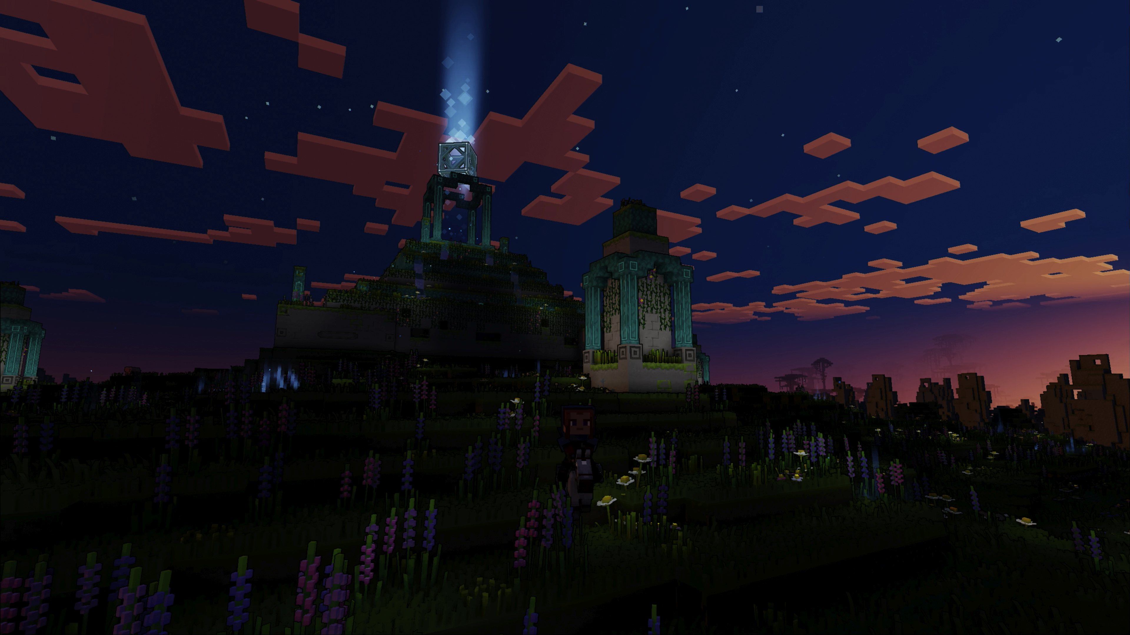 Un paysage de style Minecraft au crépuscule avec des structures, des arbres et un faisceau de lumière.