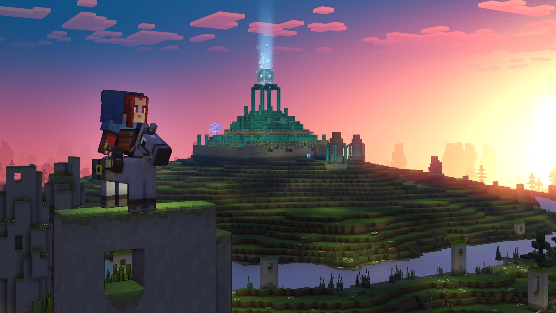 Un personnage pixélisé debout sur une structure de pierre surplombant un paysage avec une tour.