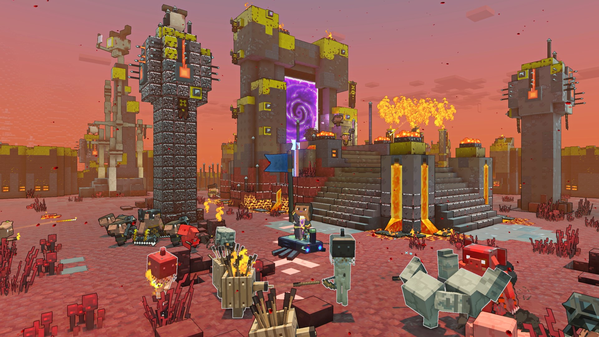 Une scène d'art voxel avec un portail, des structures et des personnages stylisés dans un environnement rouge.