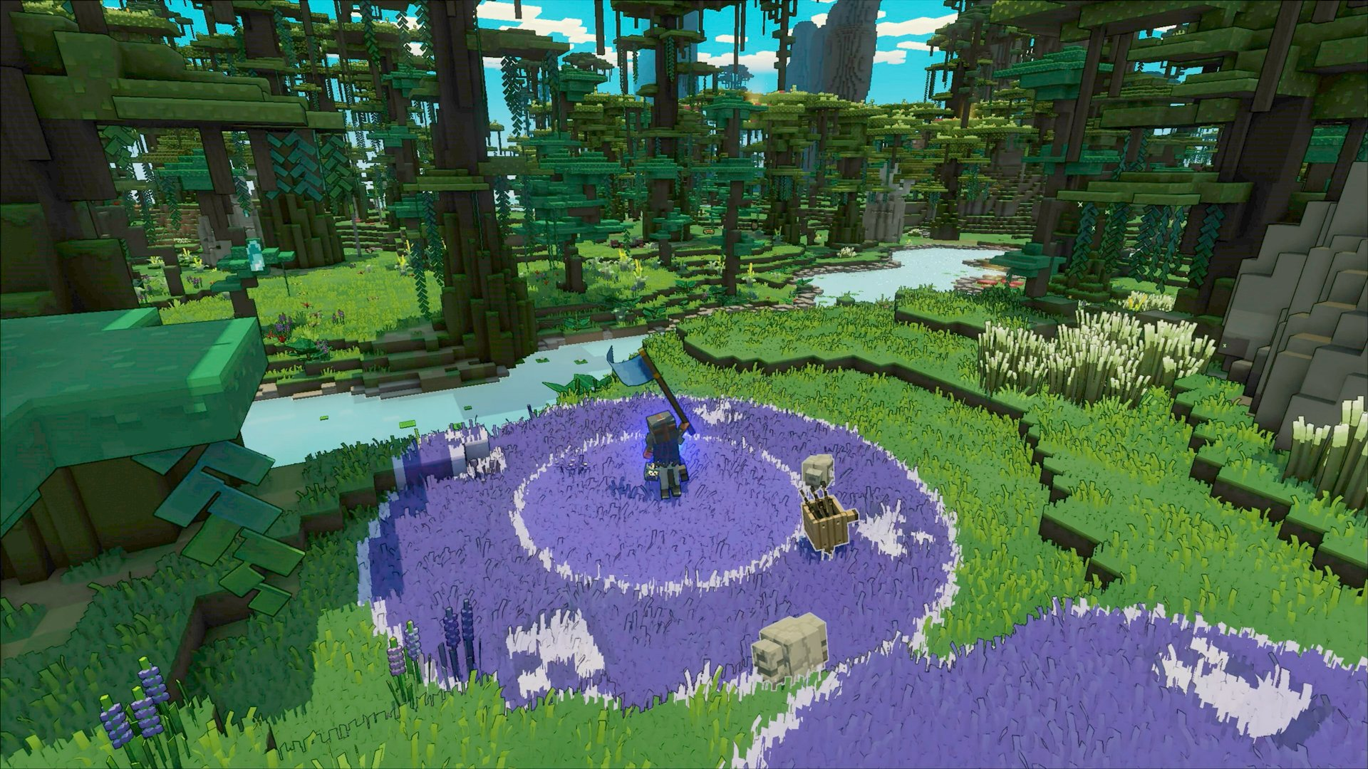 Une scène fantastique de style voxel avec une figure dans un cercle violet, des arbres et une rivière.