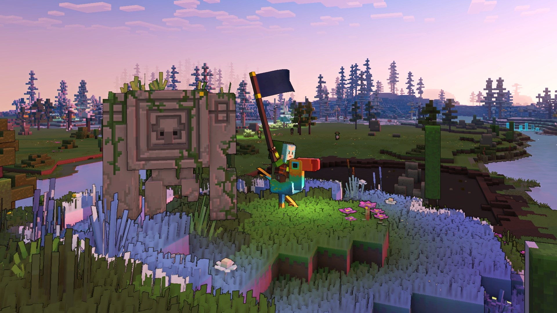 Une scène de style voxel avec un oiseau portant un drapeau, debout sur l'herbe.