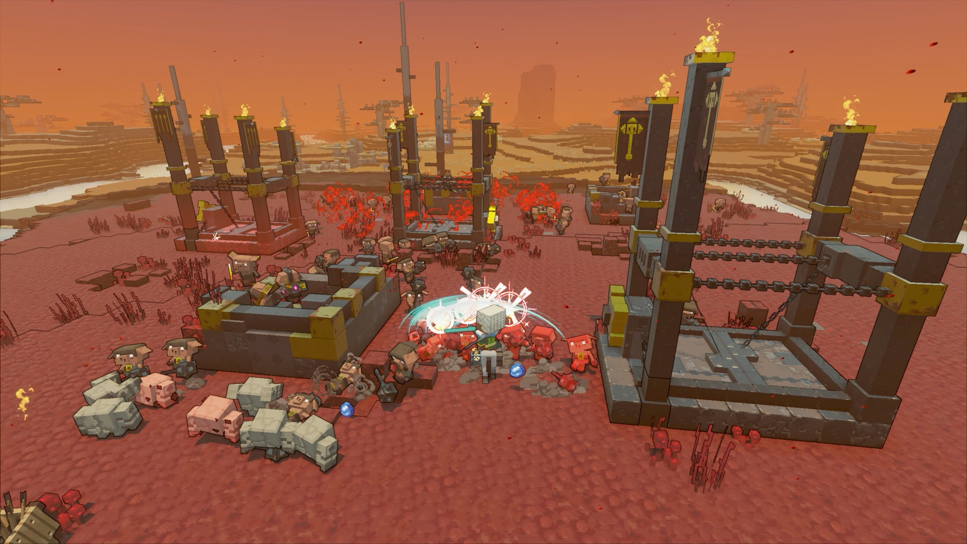 Scène de jeu de style voxel avec personnages et structures en environnement rouge.