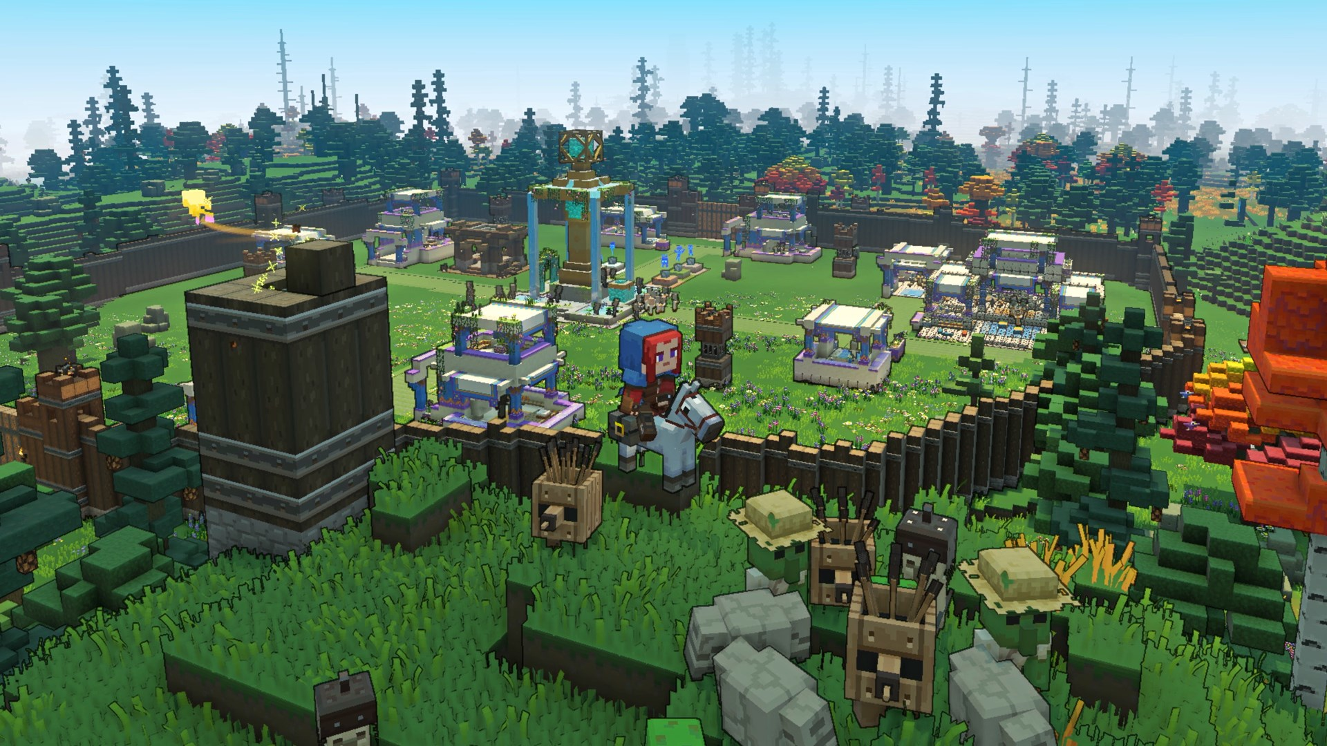 Une scène de jeu basée sur des voxels avec des bâtiments, des personnages à cheval, des arbres et un environnement vert luxuriant.