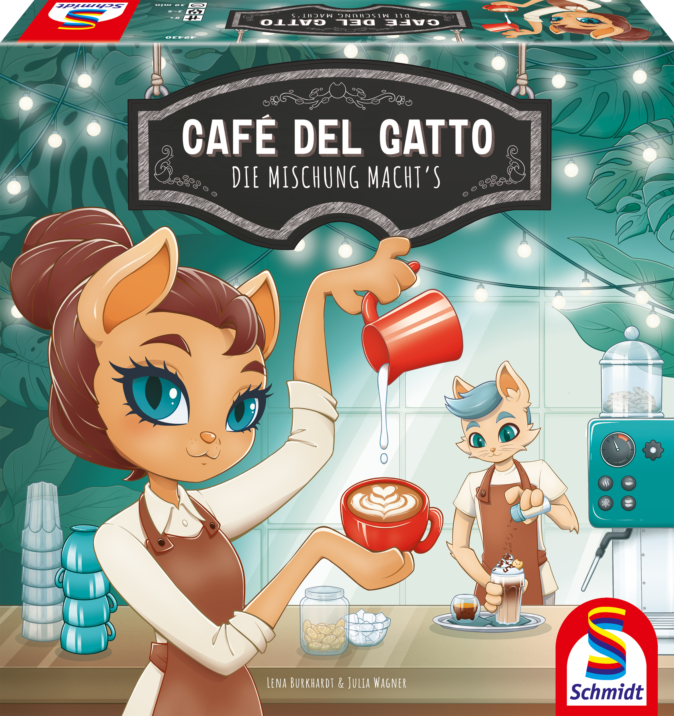 Eine Cartoon-Café-Szene mit Katzenfiguren. Einer macht Kaffee, der andere serviert ihn.