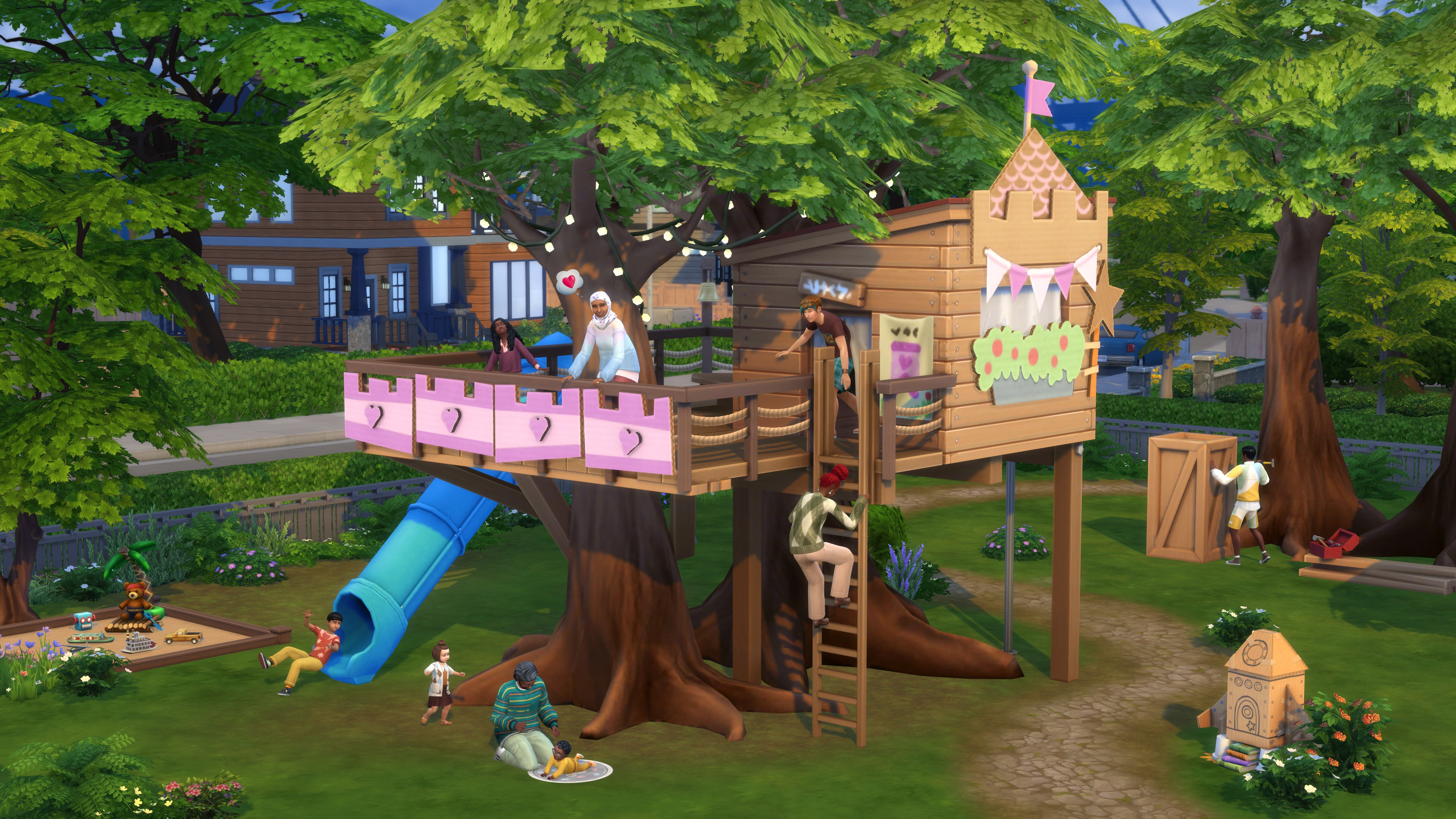 Szene aus Die Sims. Baumhaus mit Leuten, Spielplatz und Häusern im Hintergrund.