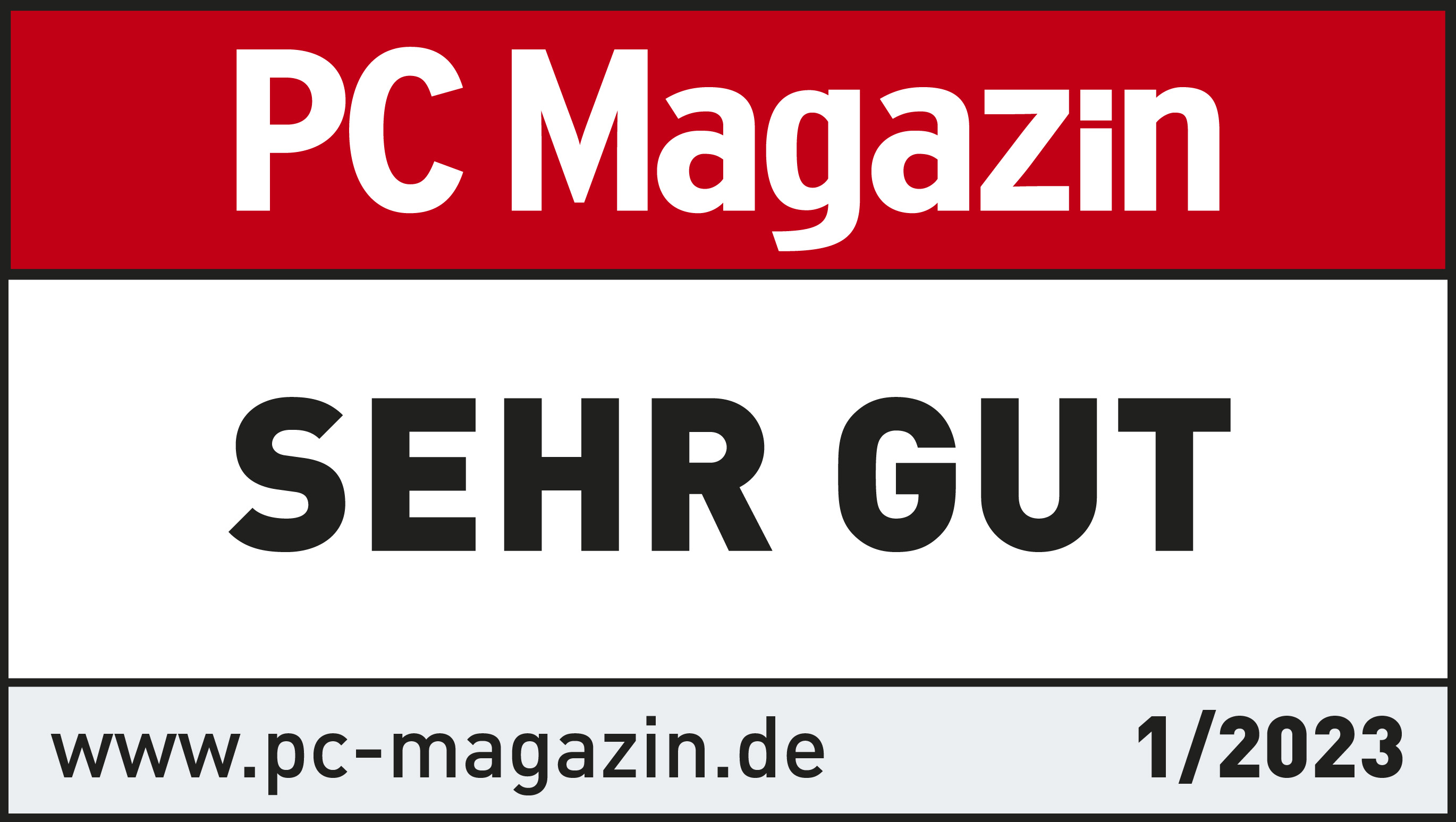 PC Magazin Grafik mit rotem Top-Banner, weißem Hintergrund und Text.