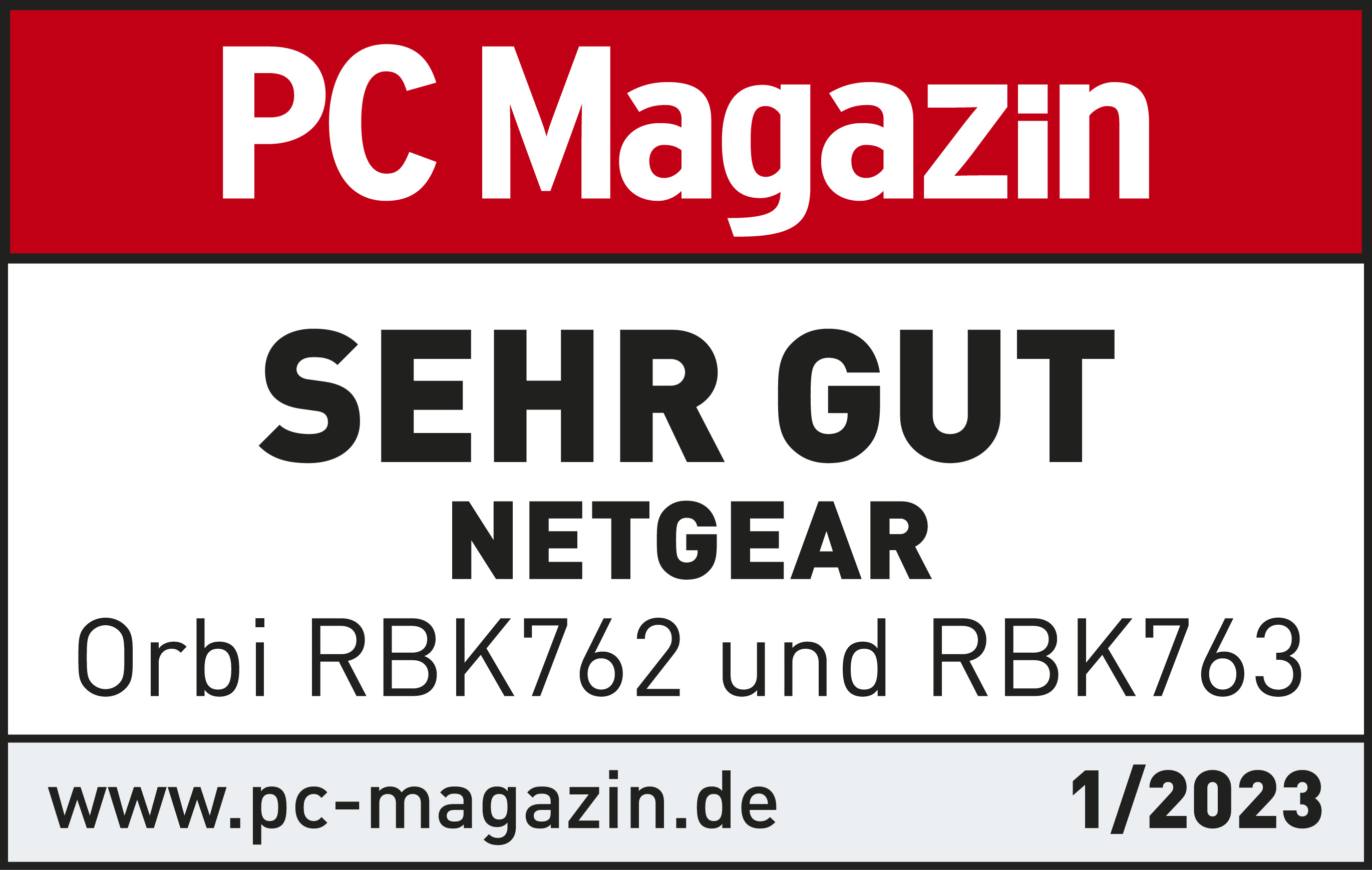 Ein Magazin-Cover mit 'SEHR GUT', 'NETGEAR' und einem Produktnamen.