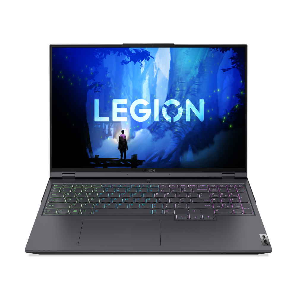 Un portátil Lenovo Legion, abierto, mostrando una escena de juego y teclado retroiluminado.