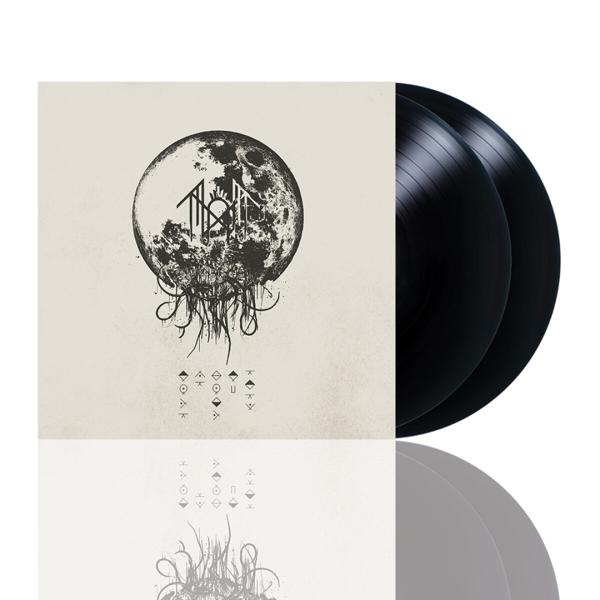 Albumcover mit Monddesign und zwei schwarzen Schallplatten. Das Cover ist hell und hat dunkle Bilder.