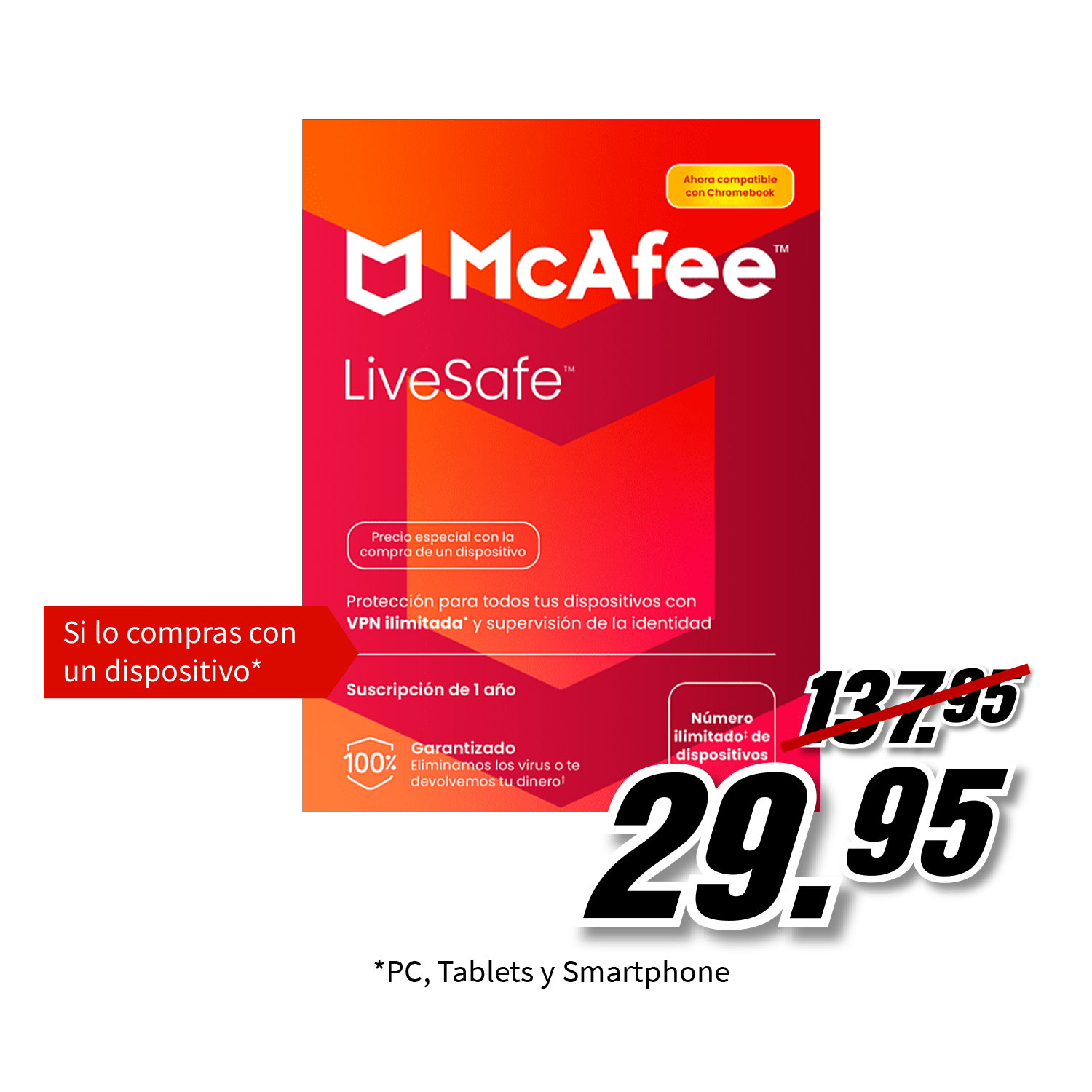 Antivirus - McAfee® LiveSafe (Dispositivos ilimitados) + VPN 5 dispositivos, Admin. contraseñas (Windows®/Mac®/Android/iOS), Suscripción de 1 año