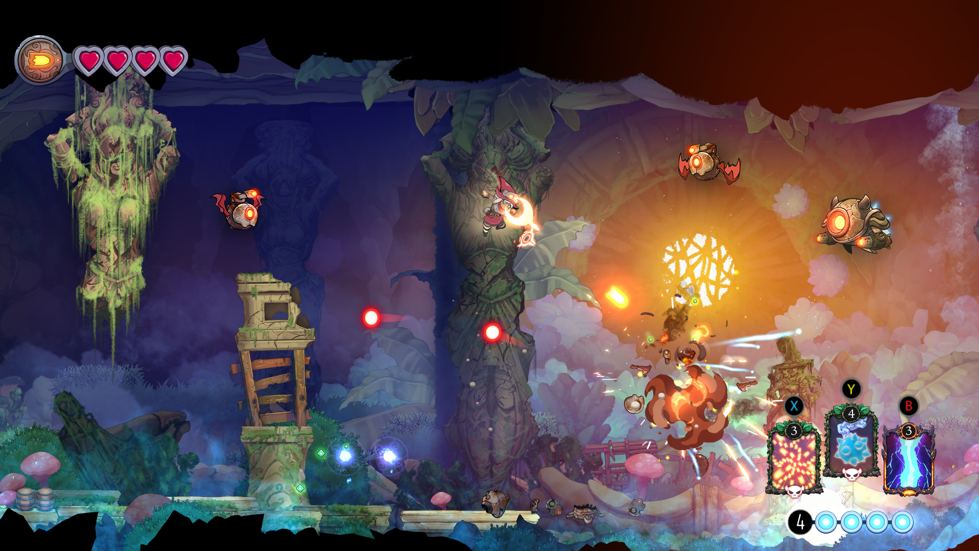 Een side-scrolling actiescène met een personage dat projectielen en vijanden afvuurt.