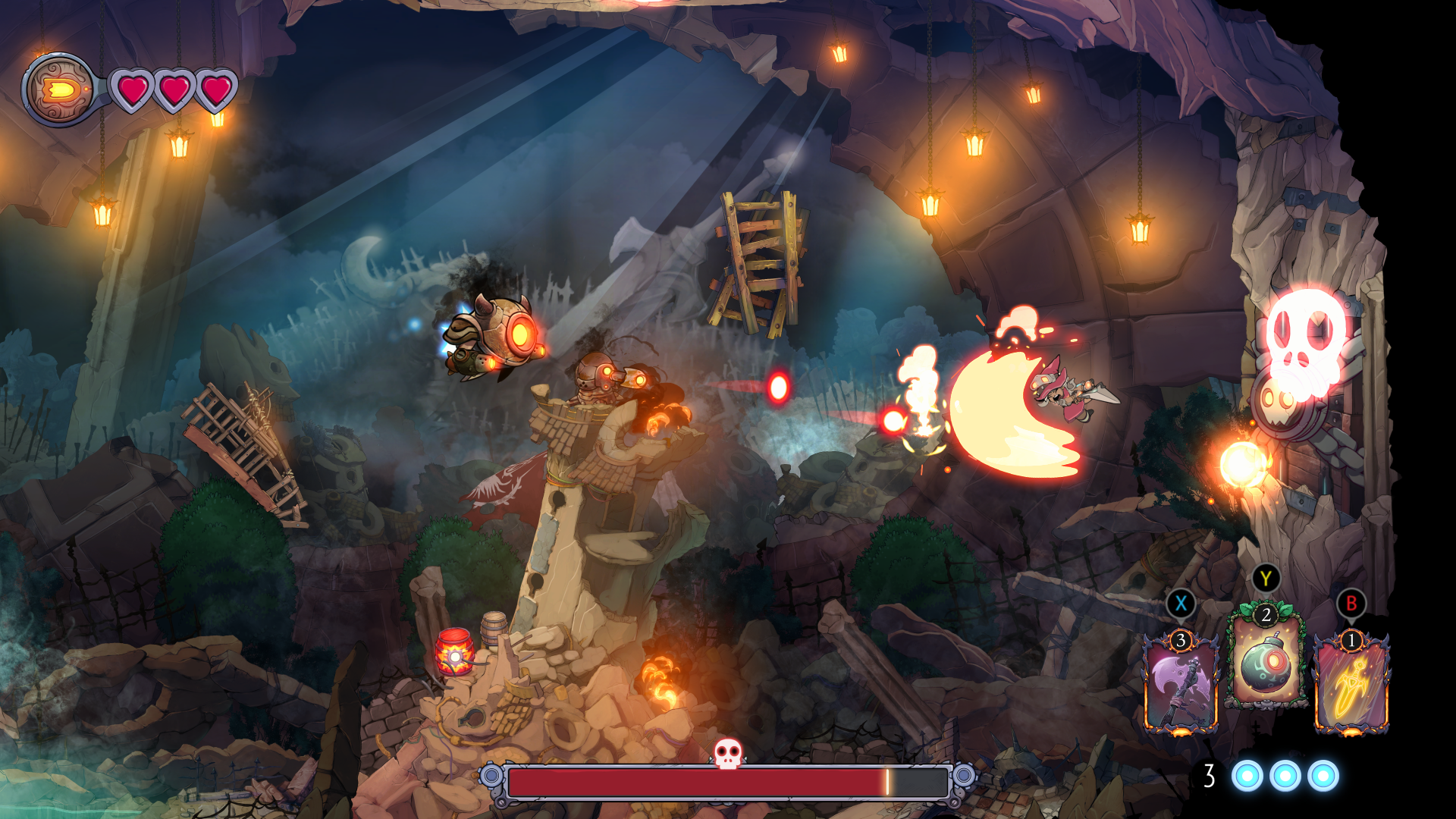 Een game-scène met een personage dat projectielen afvuurt in een donkere, holachtige omgeving.