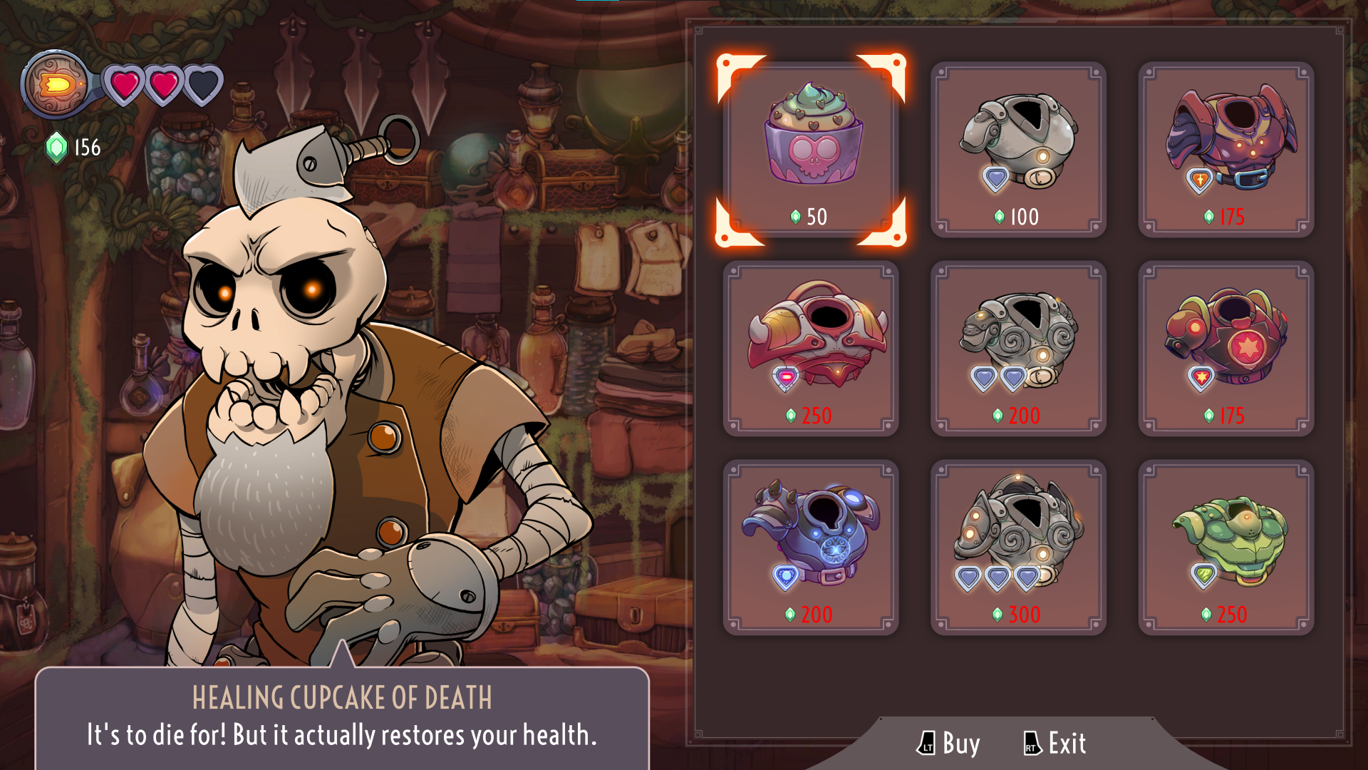 Een skeletkarakter in een winkel verkoopt items zoals pantsers en een genezende cupcake.