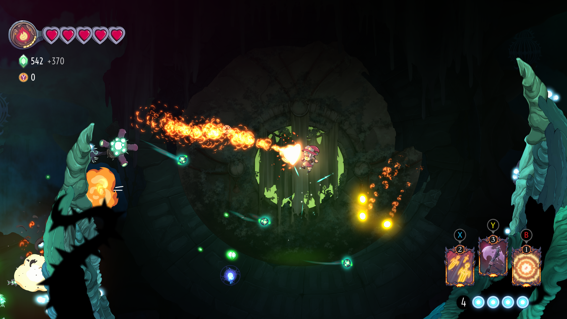 Een videogame-scène met een personage dat op vijanden schiet in een donkere omgeving. Energiebundels en explosies zichtbaar.