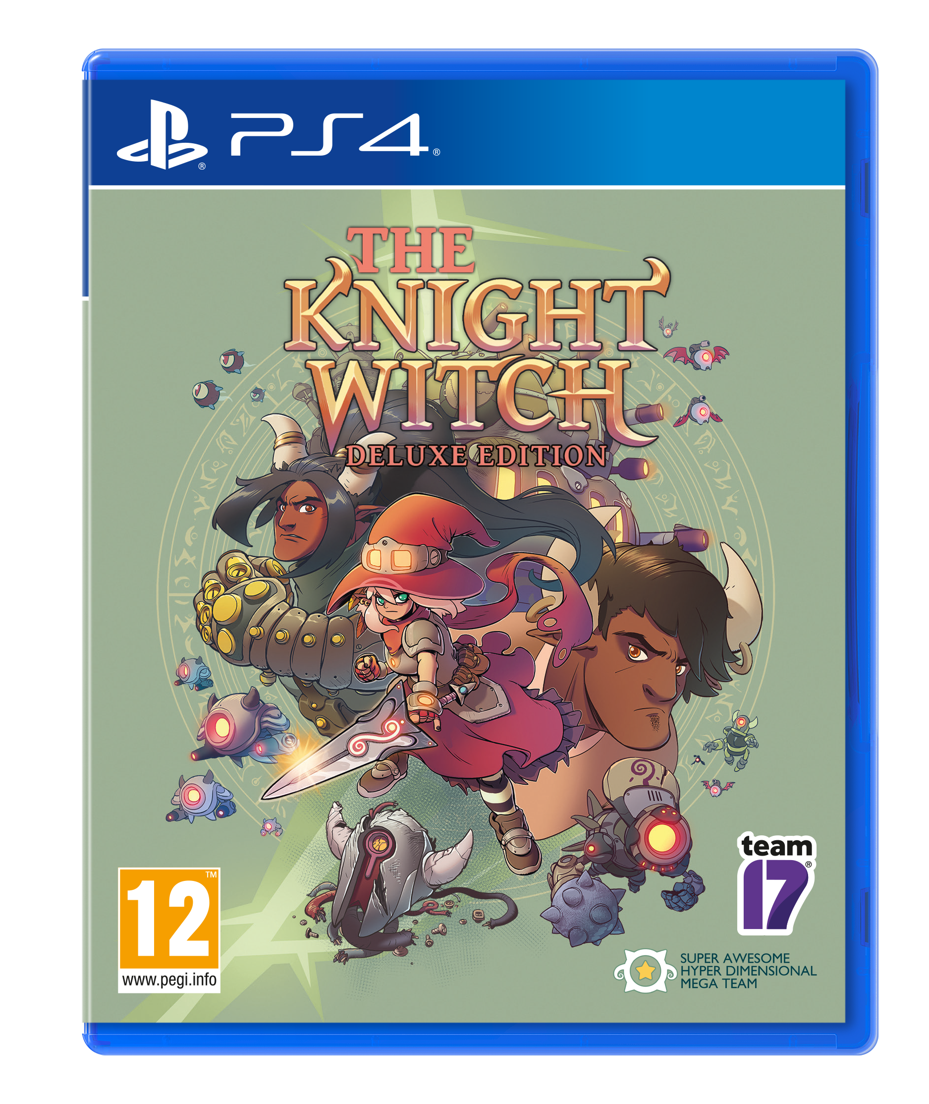 PS4 game case. The Knight Witch game cover. Cartoon stijl personages, groene achtergrond.
