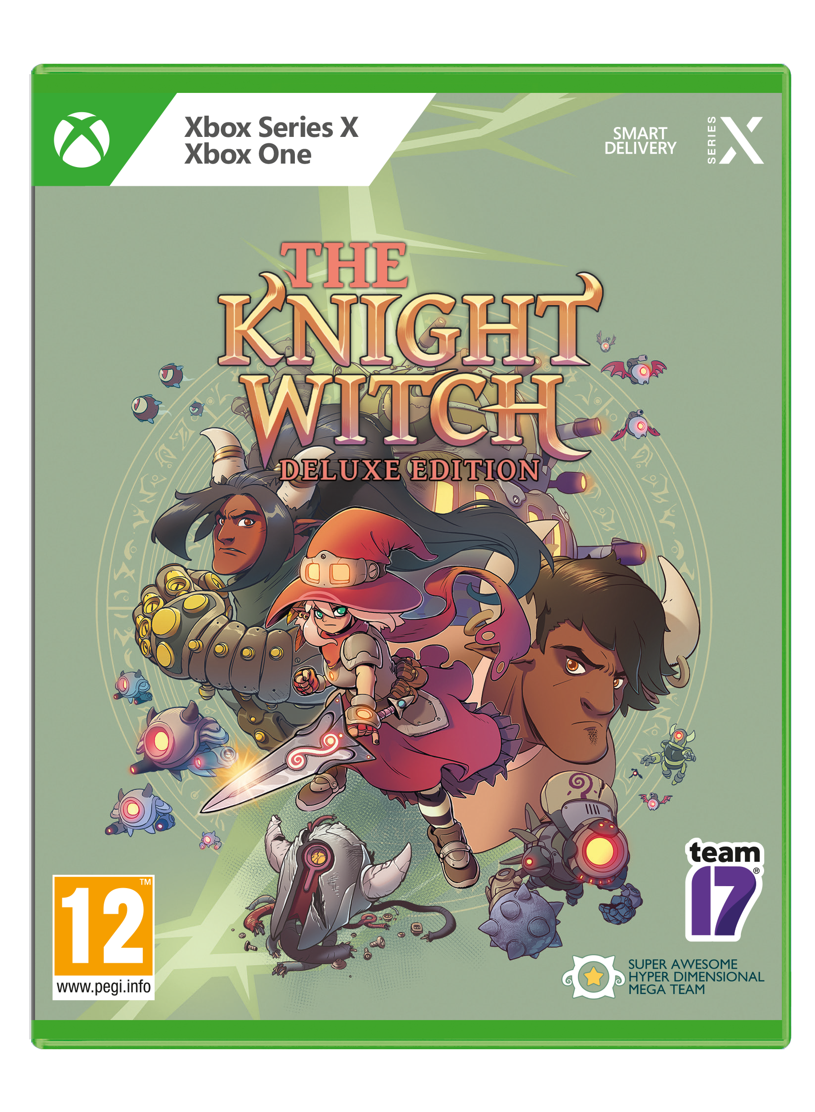 Gamecover. Een ridder met zwaard, heks met rood haar en andere fantasiefiguren op een groene achtergrond.