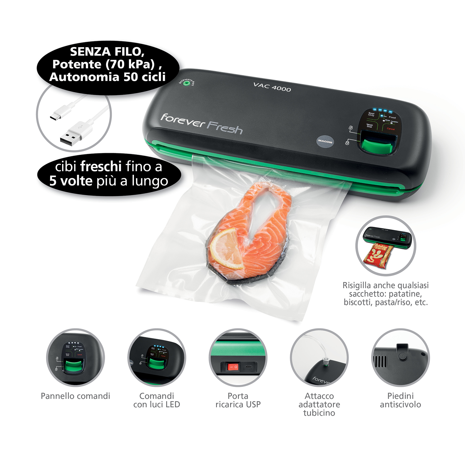 Sigillatrice sottovuoto con salmone, mostra funzioni come wireless, potenza e conservazione.