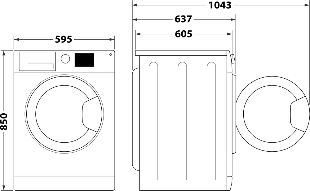 Dessin technique d'un lave-linge montrant les dimensions et les principales caractéristiques.