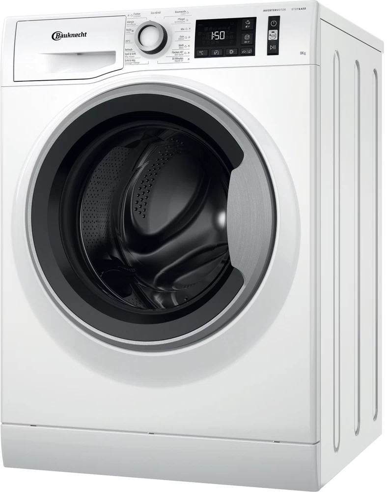 Un lave-linge Bauknecht blanc avec une porte ronde et un affichage numérique.