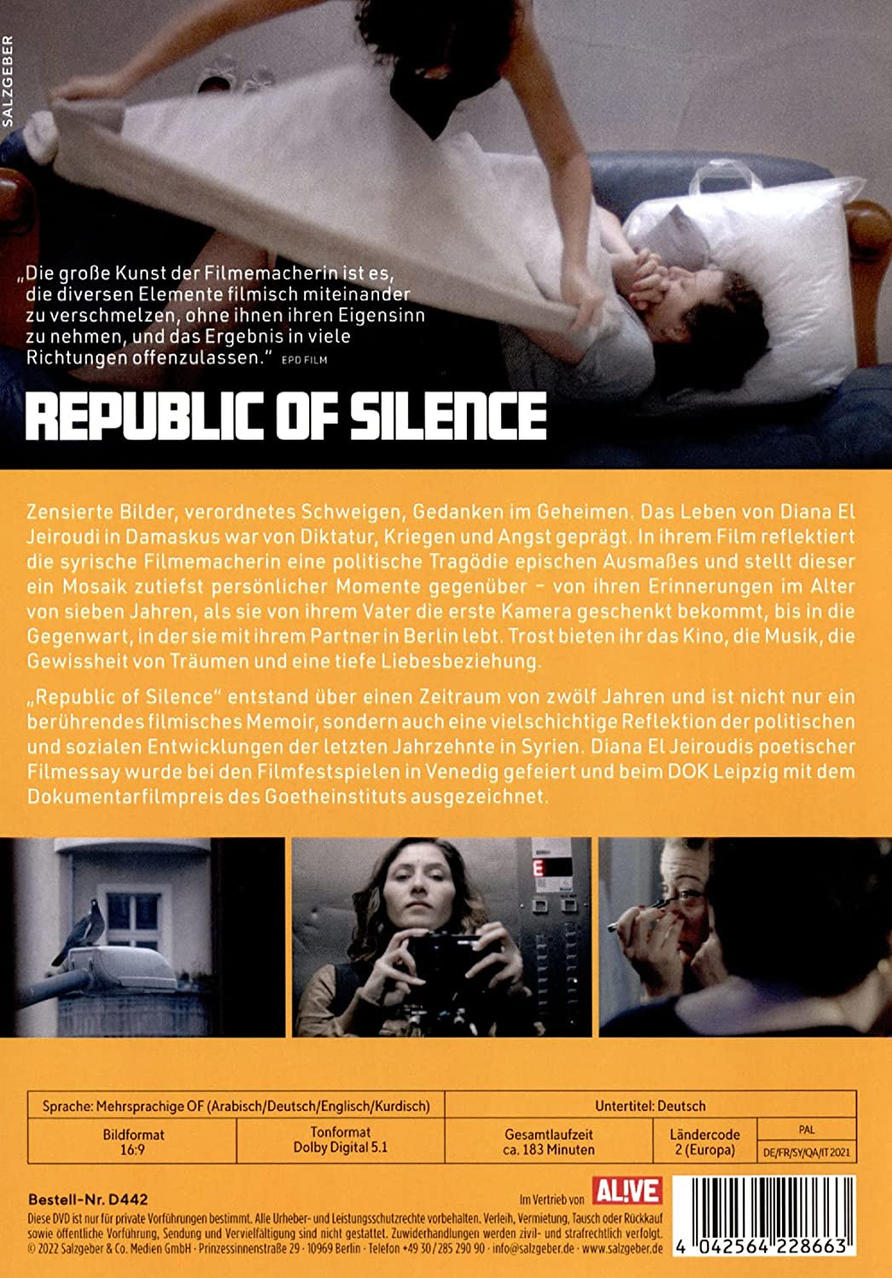 DVD-Cover für 'Republic of Silence'. Text und Bilder einer Frau auf einem Bett, Filmstills und Informationen.