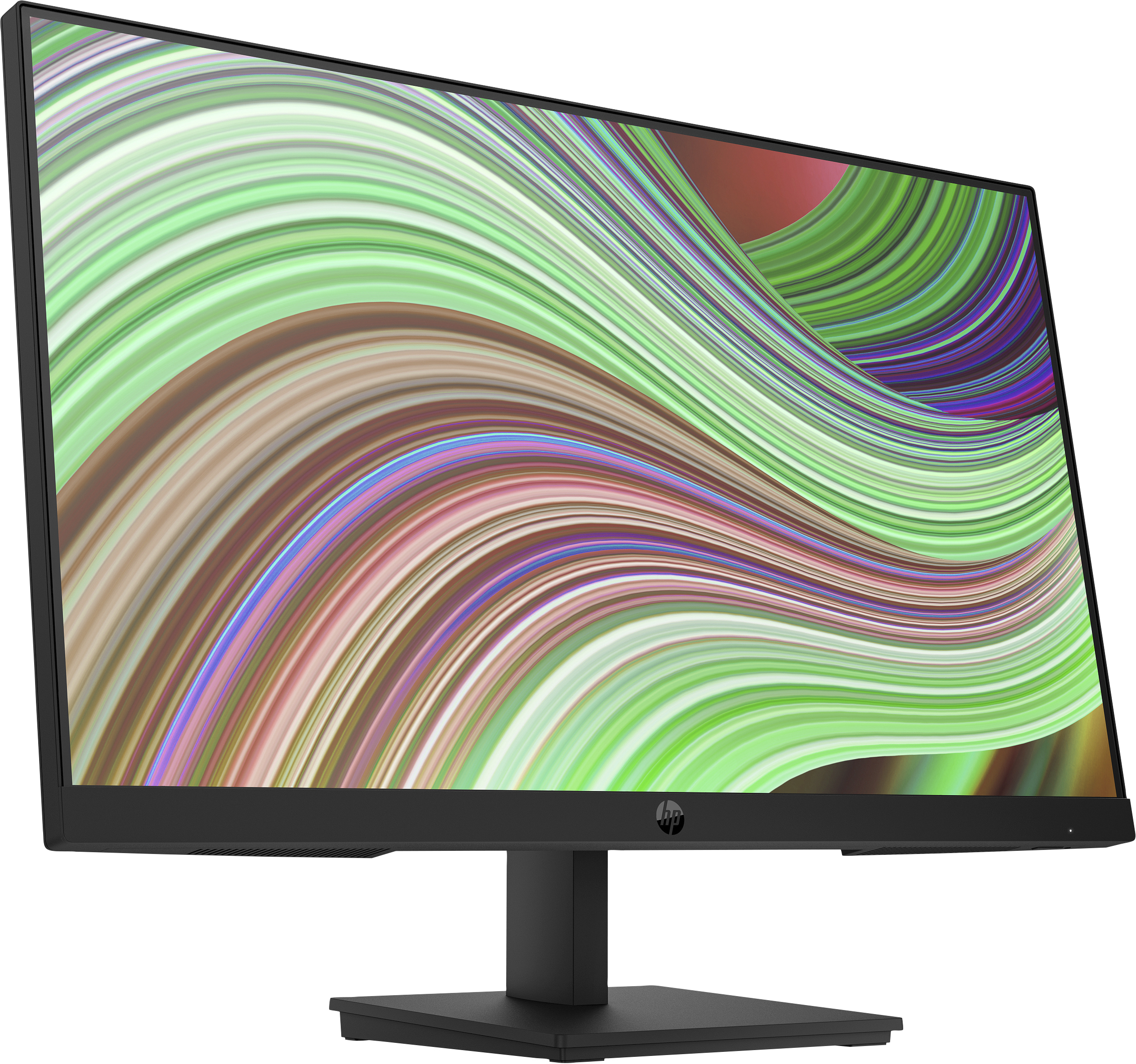 Moniteur HP noir avec écran incurvé affichant de l'art abstrait coloré.