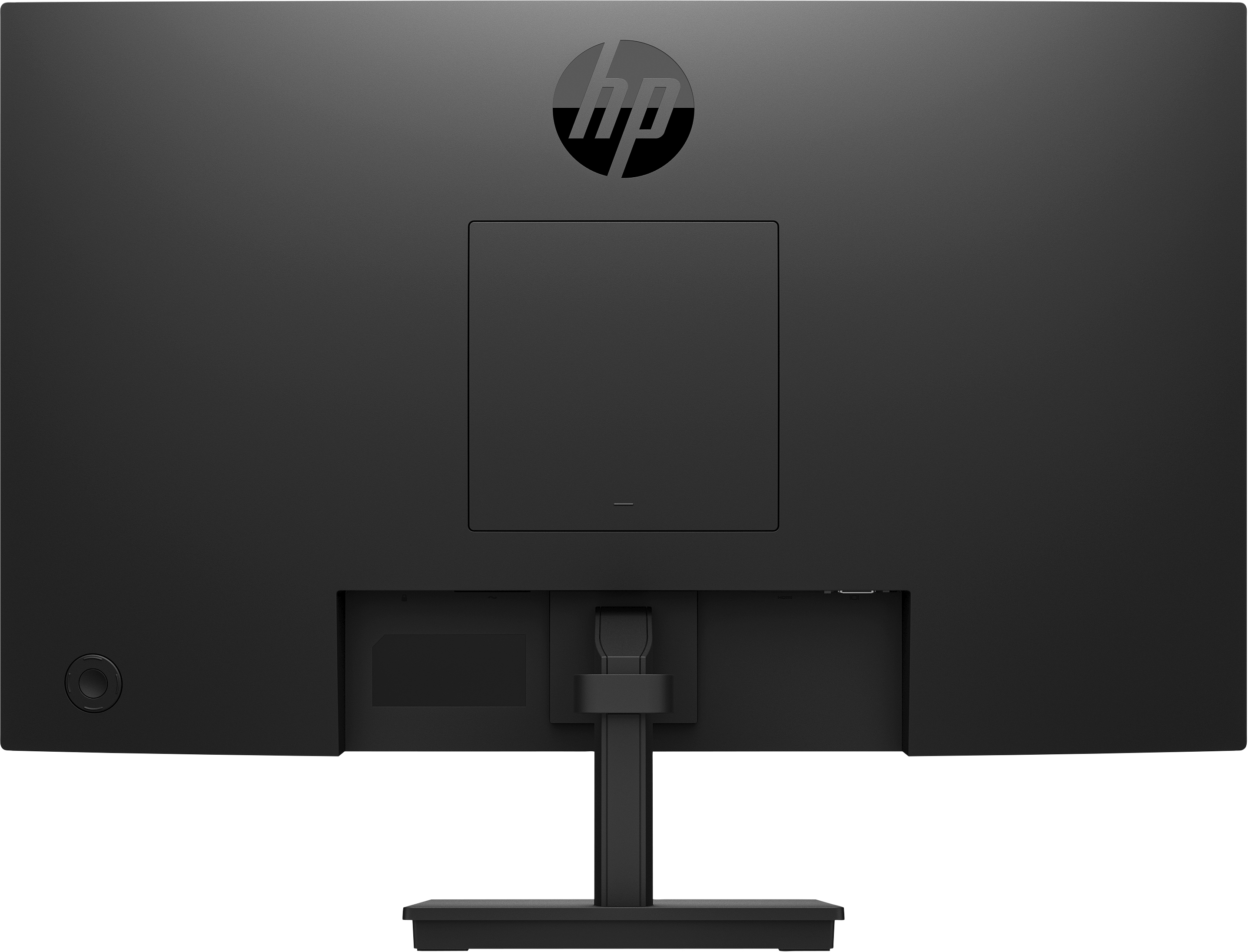 Arrière d'un moniteur HP noir, montrant les ports et le support.