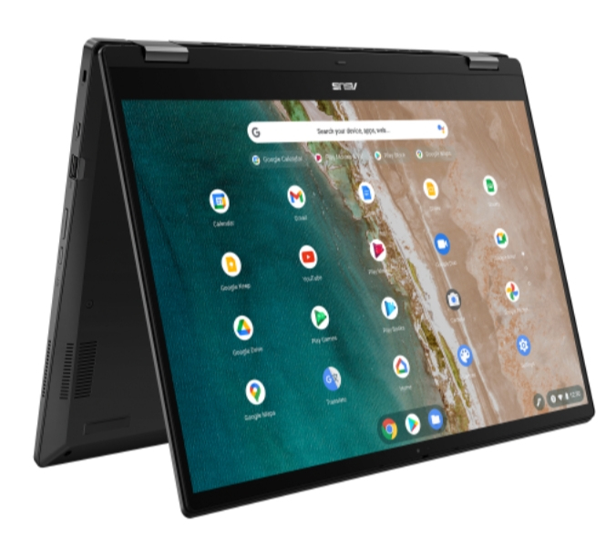 Ein schwarzer Laptop mit einem Bildschirm, der App-Symbole zeigt, auf weißem Hintergrund geöffnet.