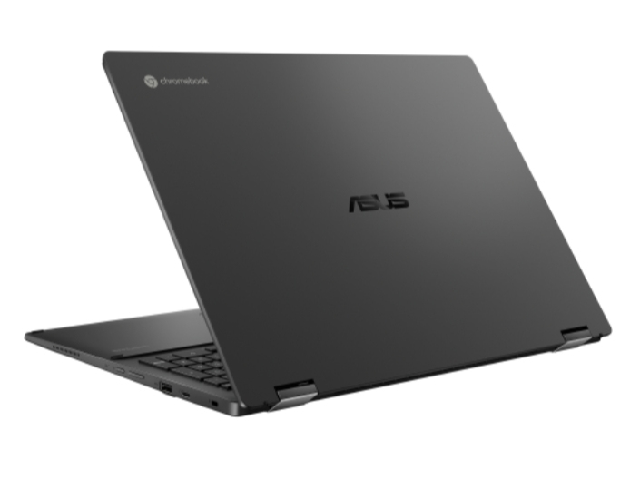 Dunkelgrauer Asus Chromebook Laptop, Rückansicht. Das Logo ist sichtbar. Der Bildschirm ist geöffnet.
