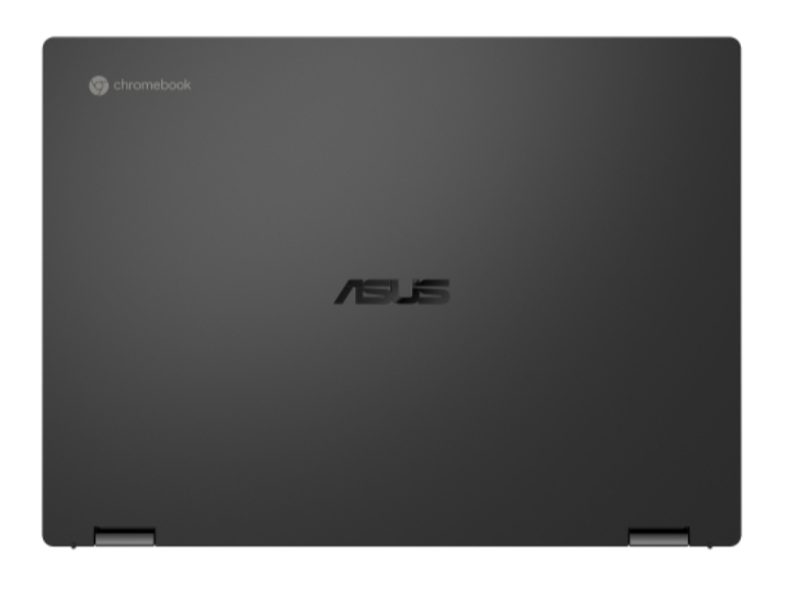 Schwarzes ASUS Chromebook-Laptop, geschlossen. Das ASUS-Logo befindet sich in der Mitte, Chromebook oben links.