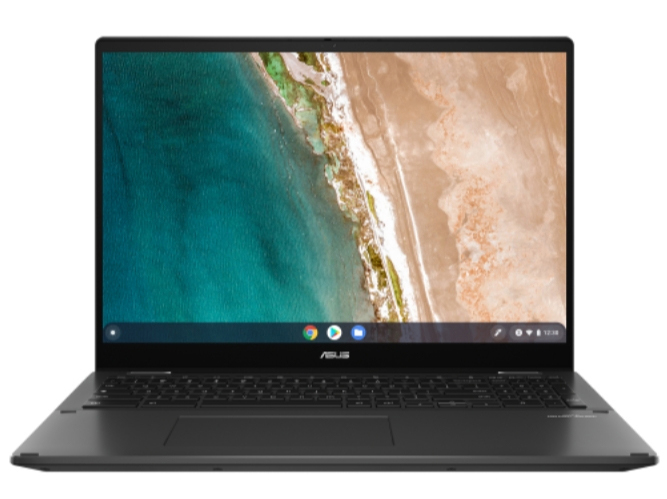 Schwarzer ASUS Laptop auf weißer Oberfläche, Bildschirm geöffnet, mit farbenfroher Anzeige.