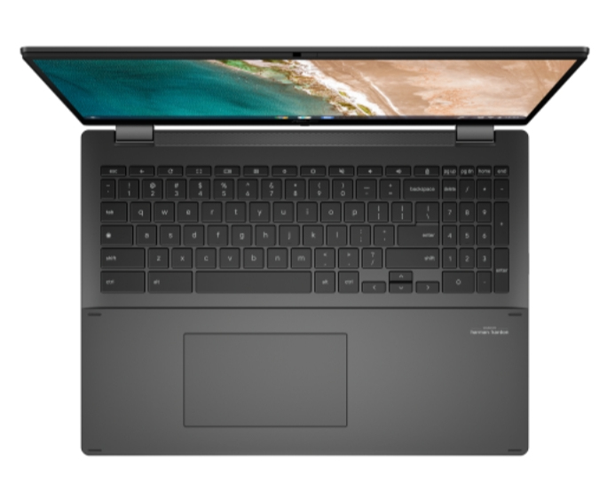 Eine Draufsicht auf einen schwarzen Laptop mit offenem Bildschirm und Tastatur.