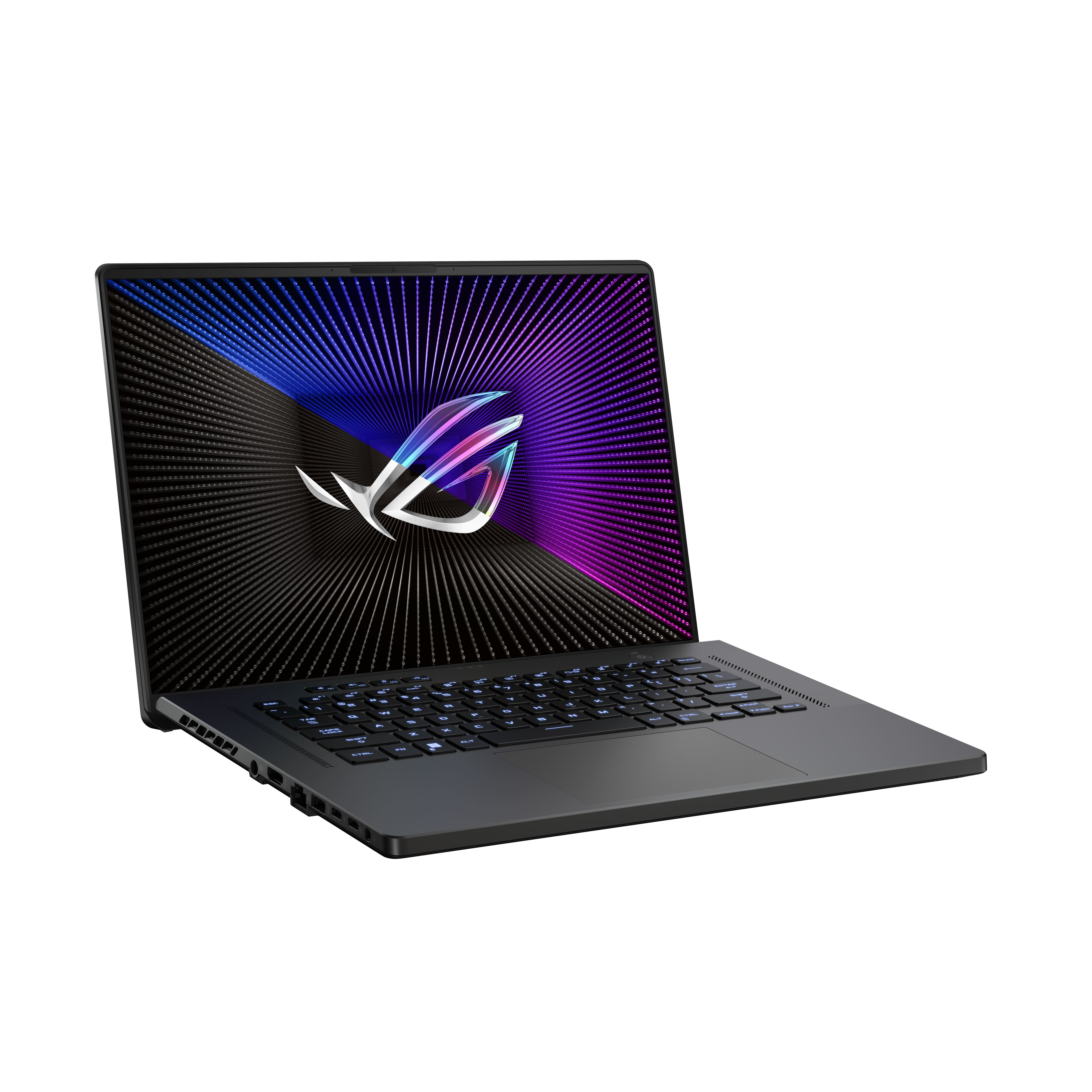 Ein schwarzer Laptop mit farbenfrohem Bildschirm, geöffnet auf weißem Hintergrund.