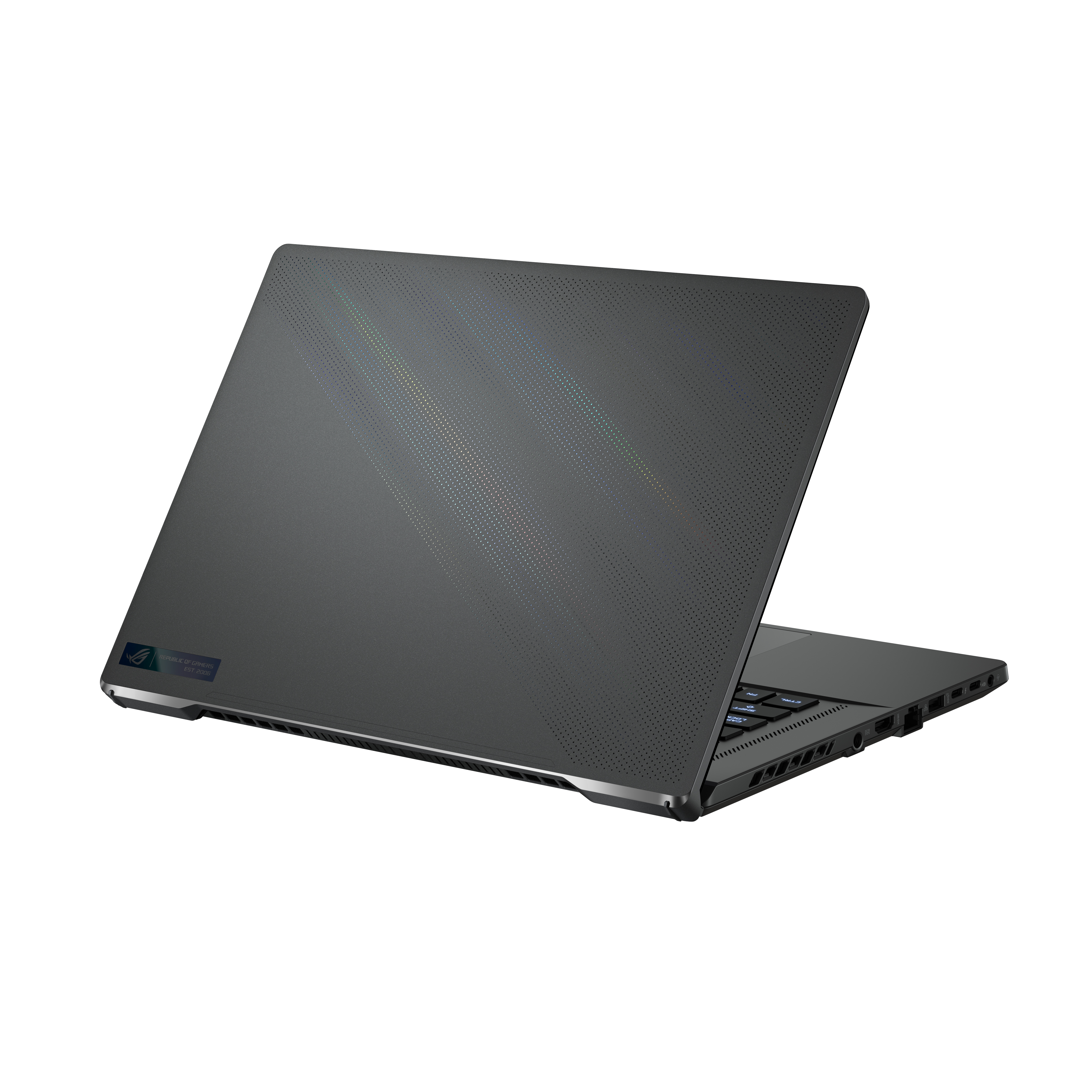 Ein grauer Laptop mit offenem Deckel, der die Rückseite und das Logo zeigt.