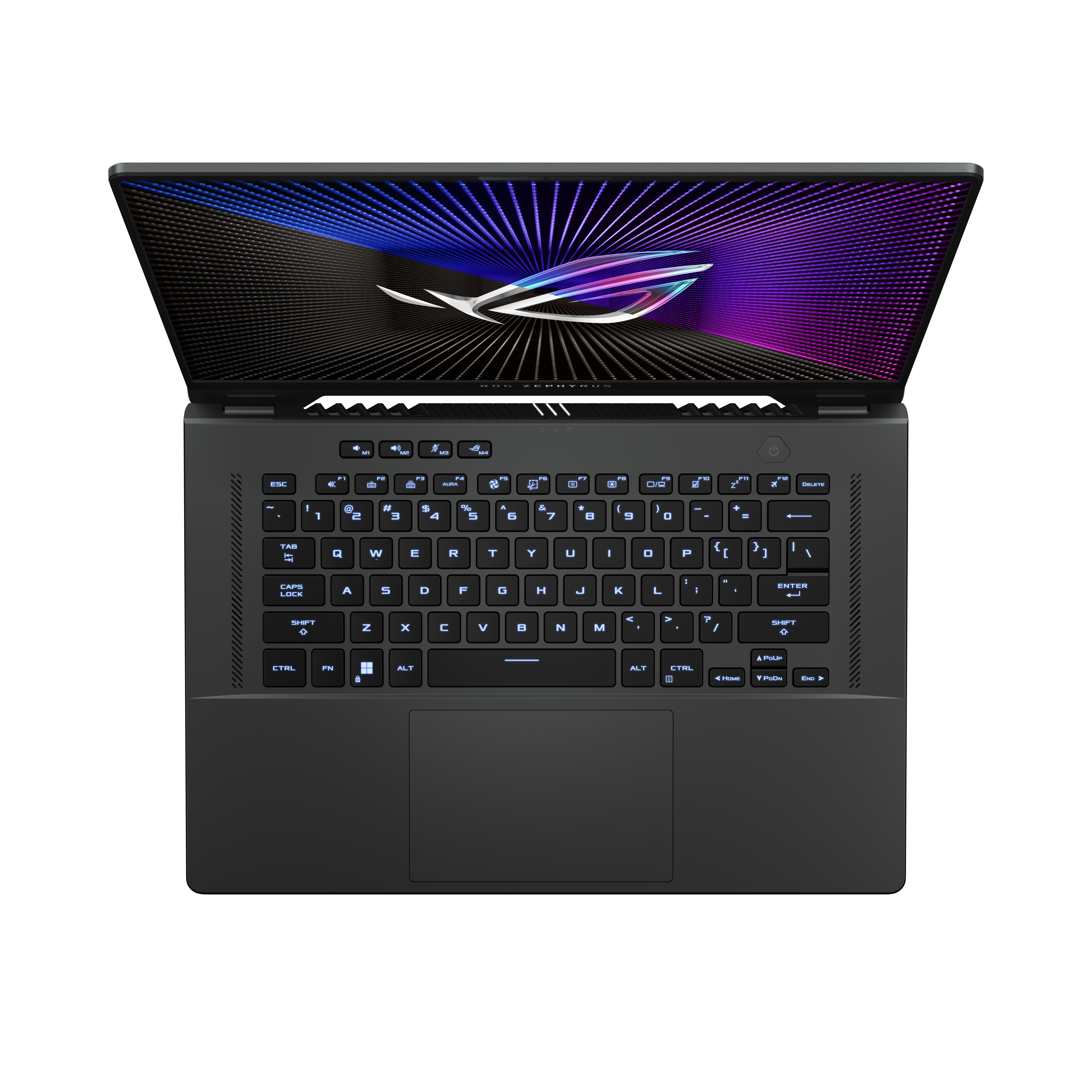 Schwarzer Laptop mit offenem Bildschirm, der ein farbenfrohes Design zeigt.