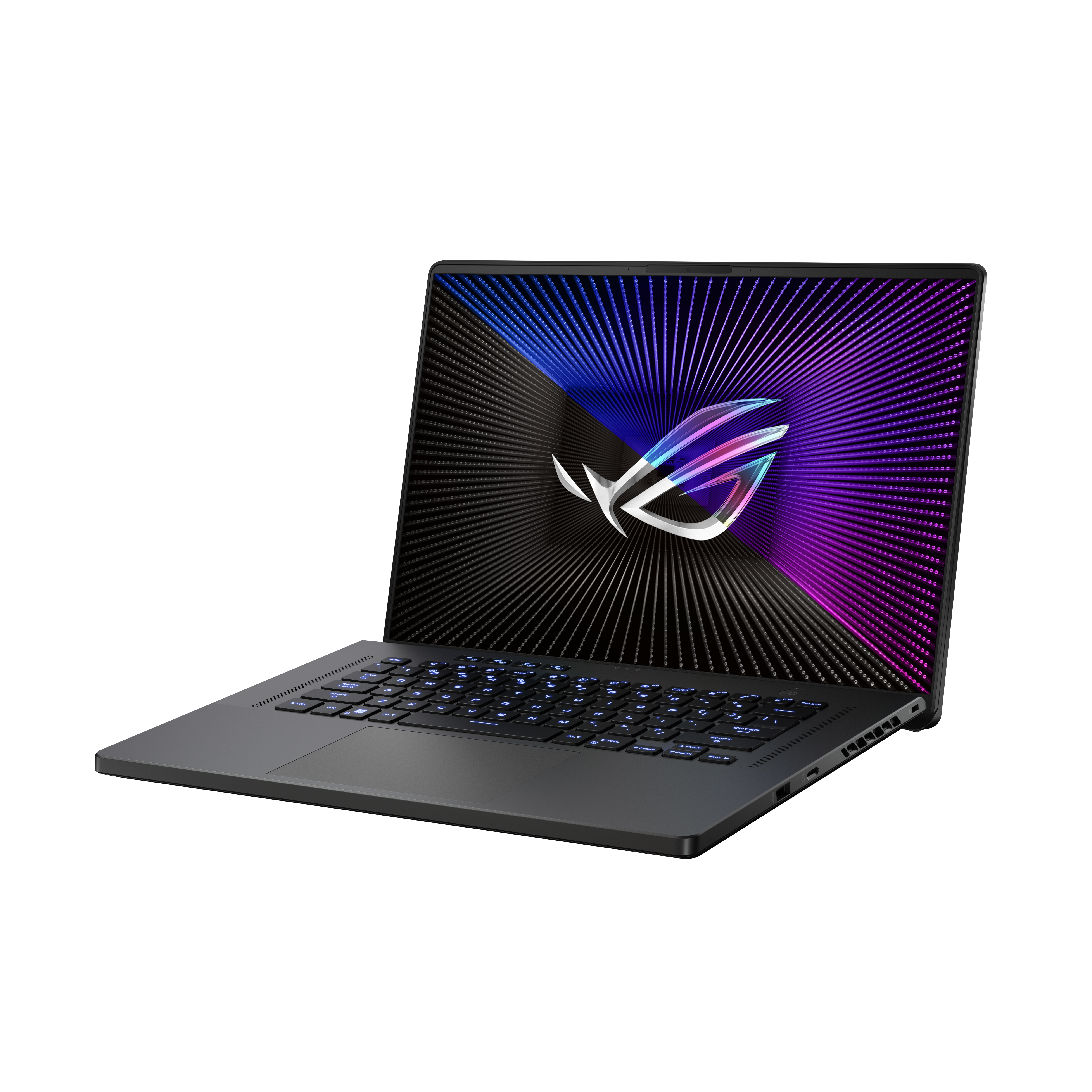 Schwarzer Laptop mit farbenfrohem Bildschirm, der ein Logo anzeigt, vor weißem Hintergrund.