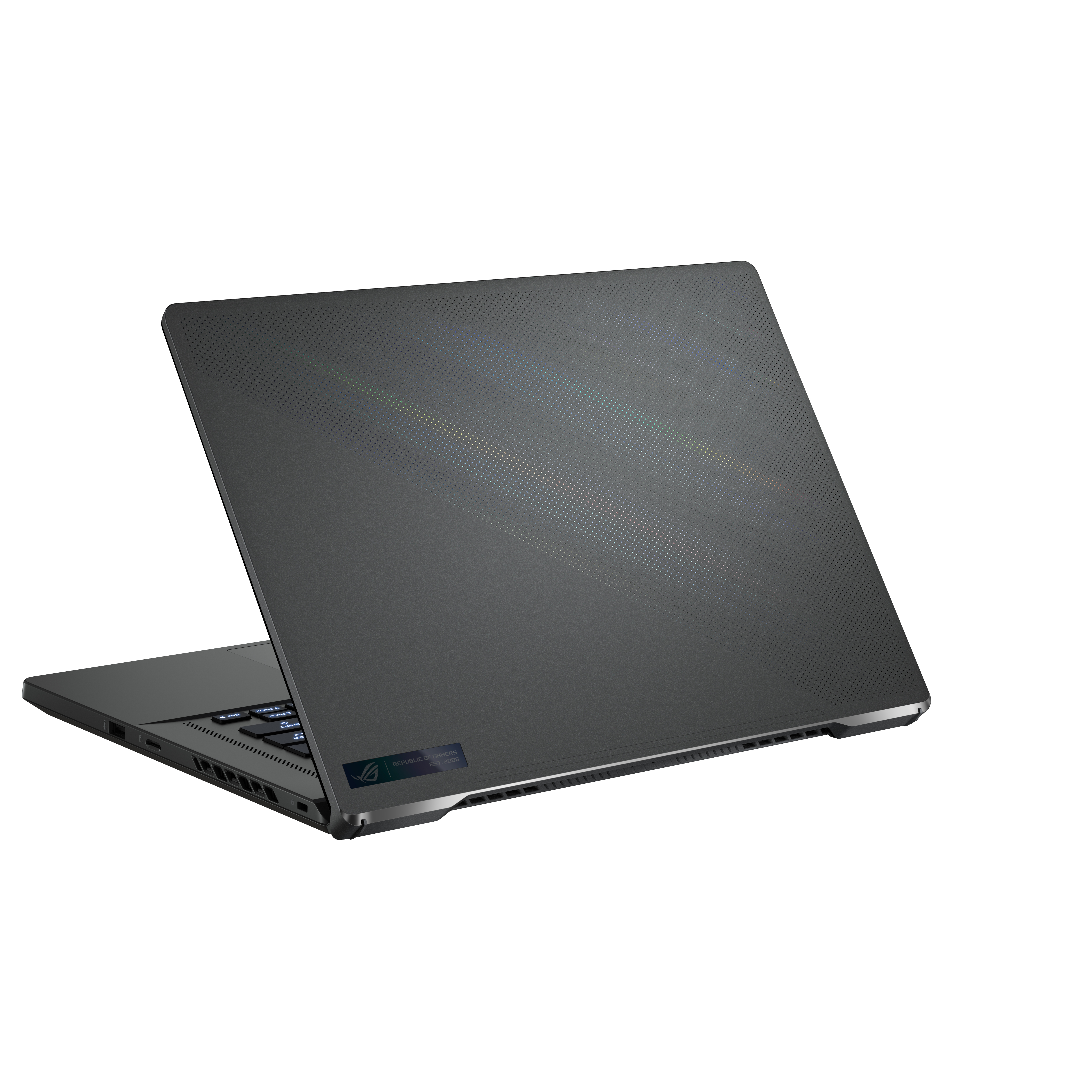 Ein schwarzer Laptop mit gemustertem Rücken, angewinkelt, um Tastatur und Scharnier zu zeigen.