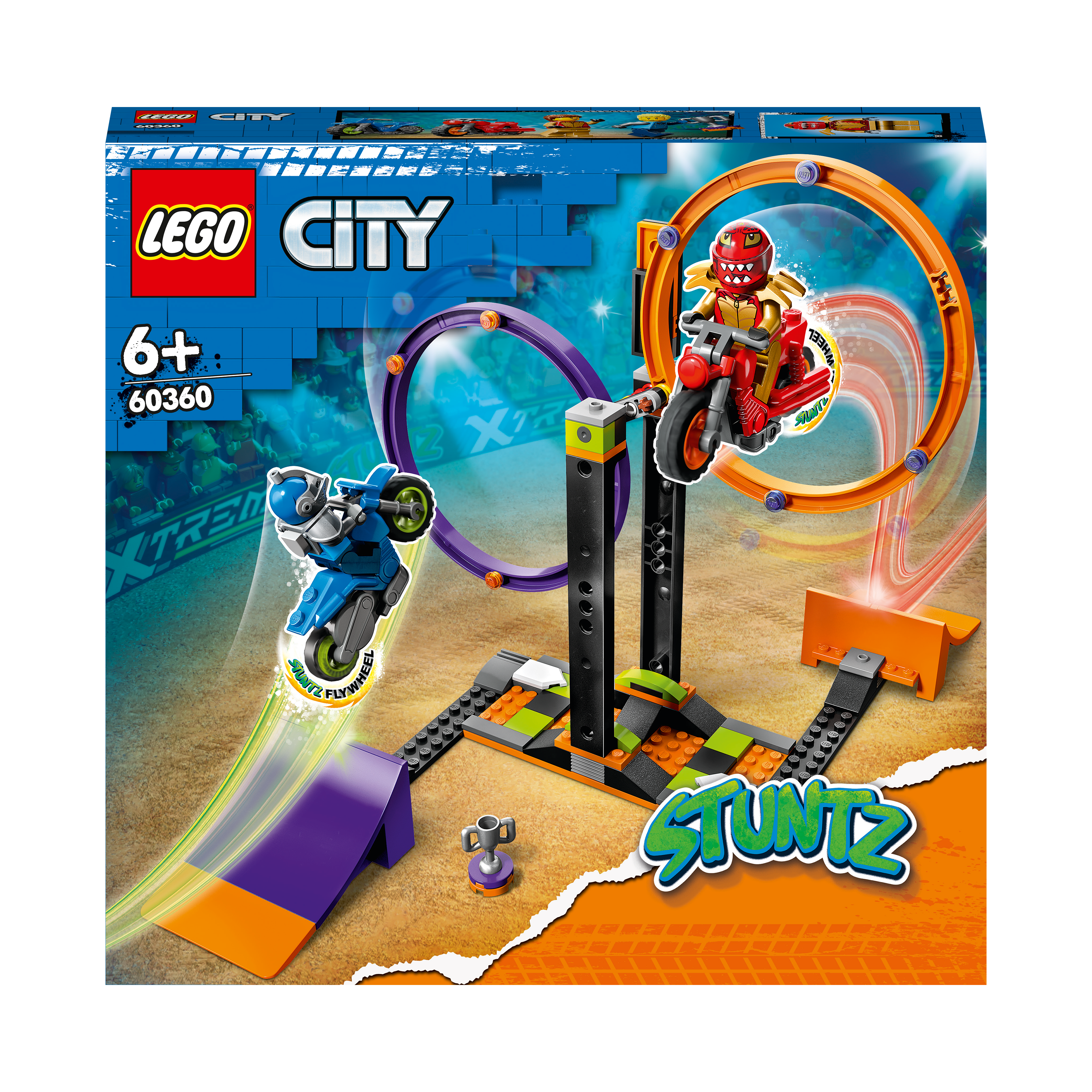Lego City Stunt-Set mit zwei Motorrädern, die Stunts ausführen. Eine Rampe und eine Trophäe sind vorhanden.