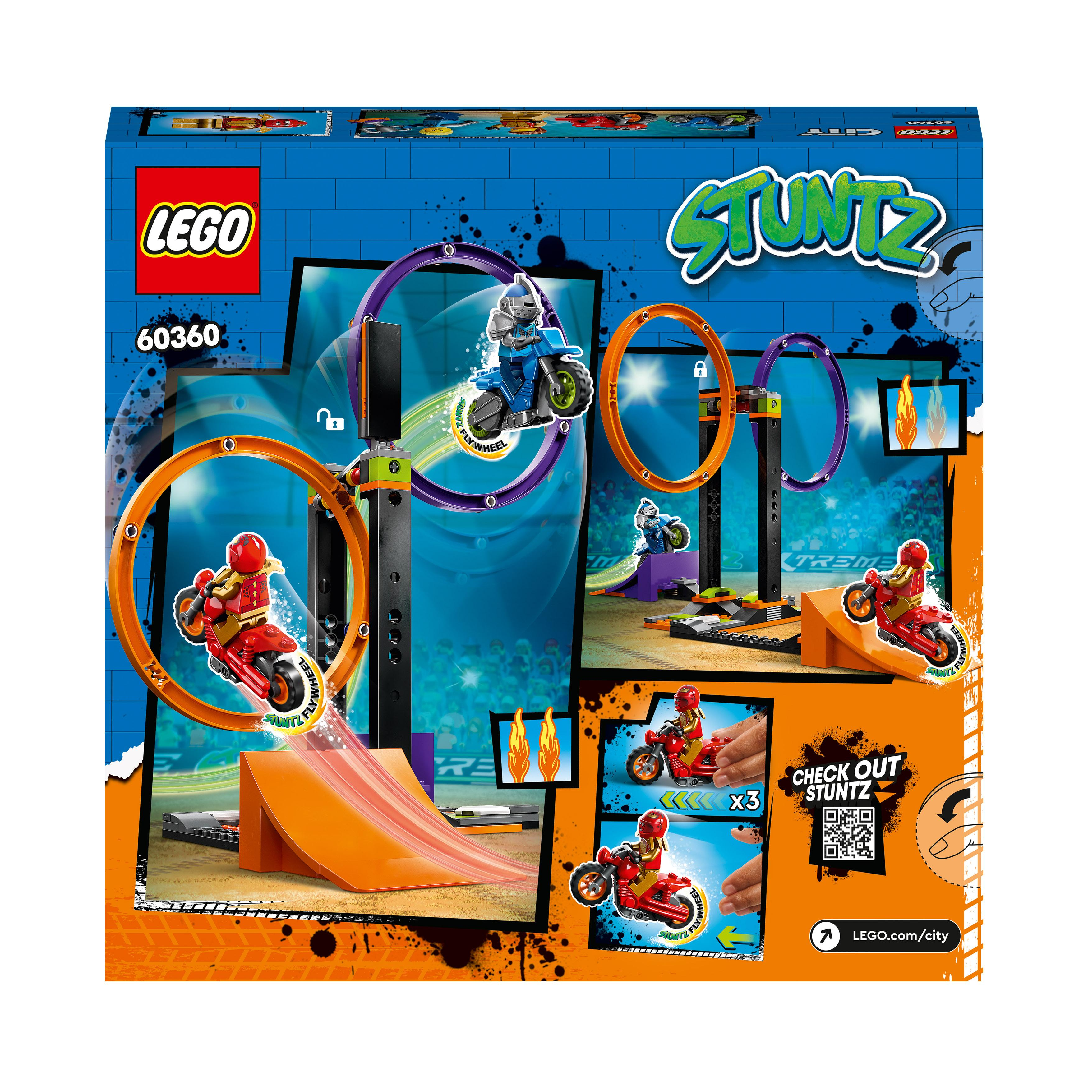 Rückseite einer LEGO Stuntz Box, die eine Stuntstrecke mit Motorrädern und Figuren zeigt.
