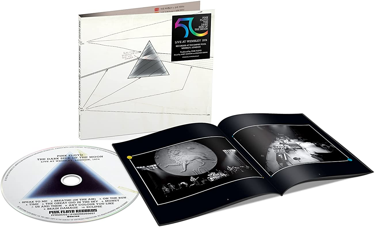 Pink Floyd albumkészlet CD-vel. Az album borítóján egy háromszög látható, és egy színpadi fotó is.