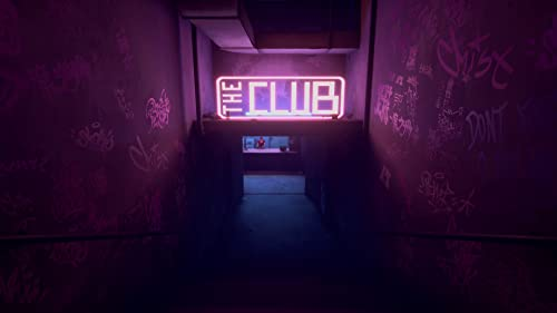 Un letrero de neón dice 'THE CLUB' al final de un pasillo oscuro con graffiti. El entorno es un bar.