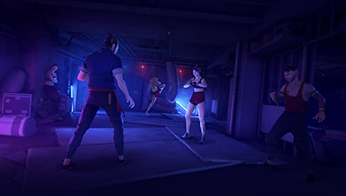 Gente en una habitación practicando artes marciales. La escena tiene iluminación azul y roja.