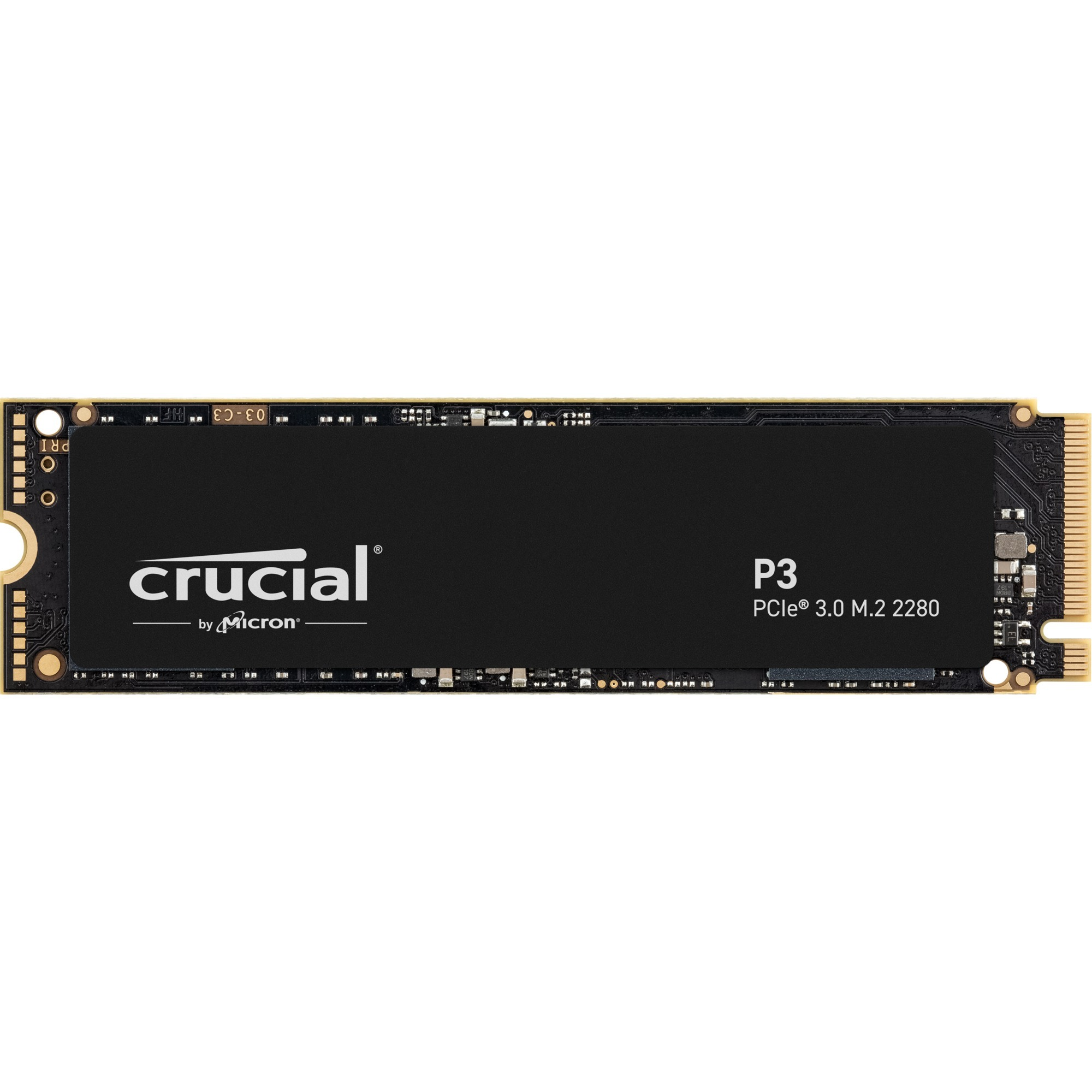 Un SSD Crucial P3 negro sobre fondo blanco. La unidad tiene el logotipo de Crucial.