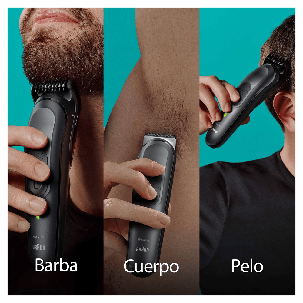 Tres imágenes de un hombre usando una recortadora para afeitarse la barba, las axilas y la cabeza.