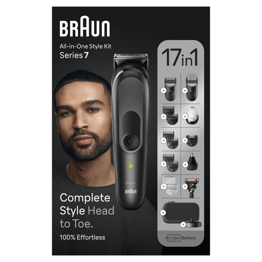 Kit de estilo todo en uno Braun Series 7, con la cara de un hombre y accesorios.