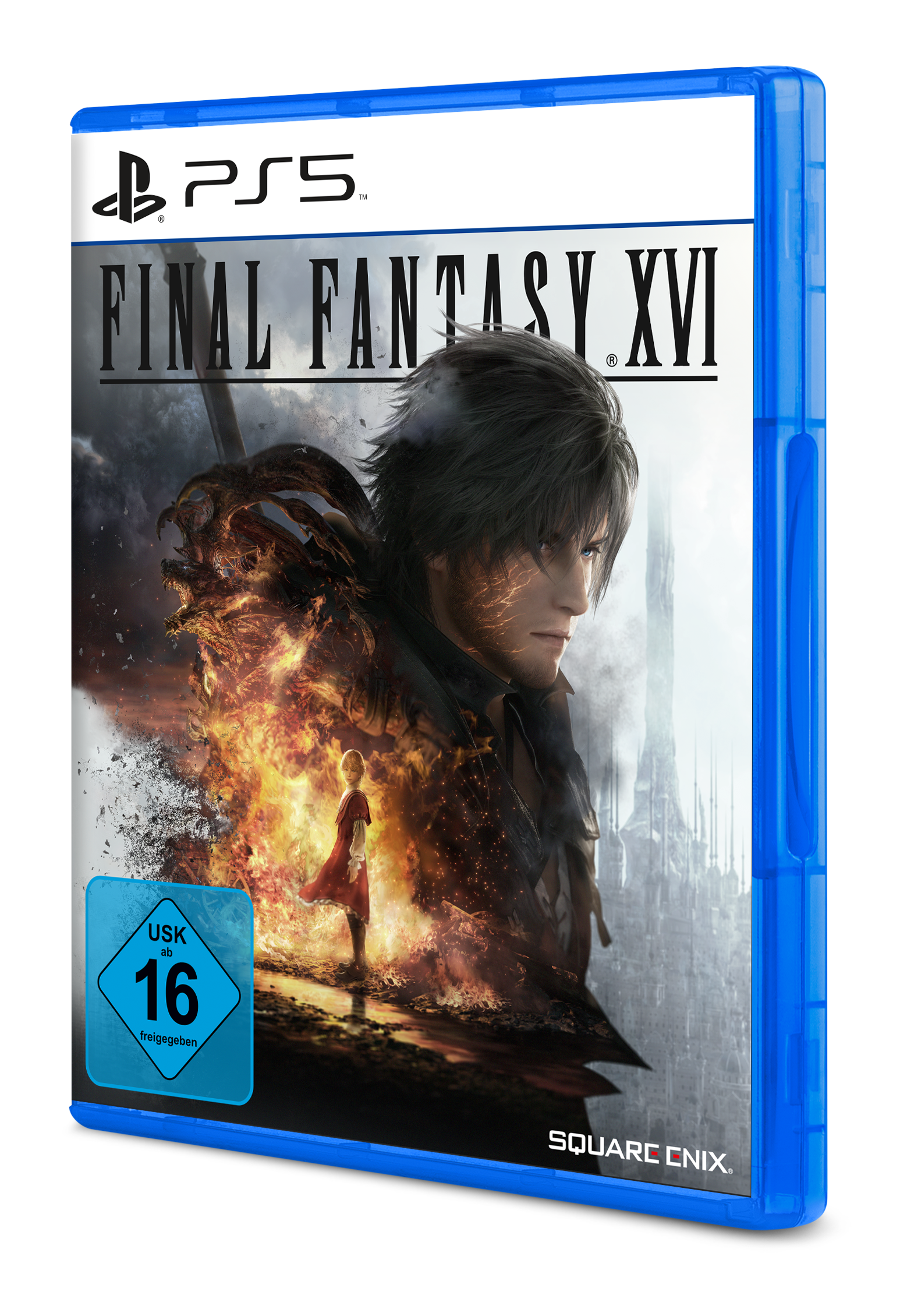 PS5-Spielhülle für Final Fantasy XVI, mit Charakterporträt und brennendem Hintergrund.