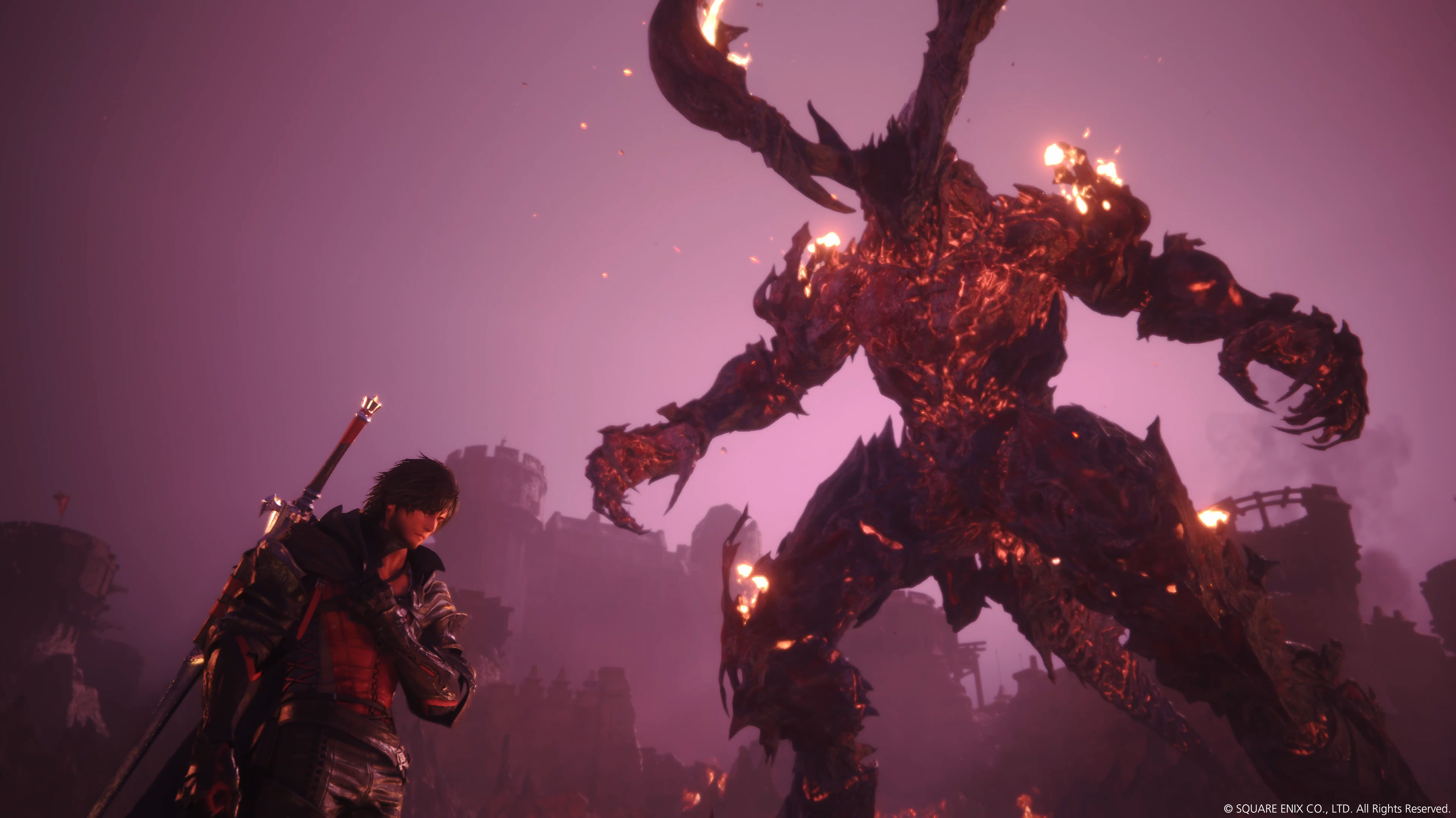 Ein Krieger steht einem großen, feurigen Dämon in einer violetten, apokalyptischen Landschaft gegenüber.