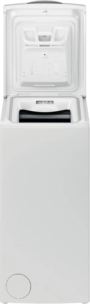 Eine weiße Waschmaschine mit geöffnetem Deckel, Draufsicht.
